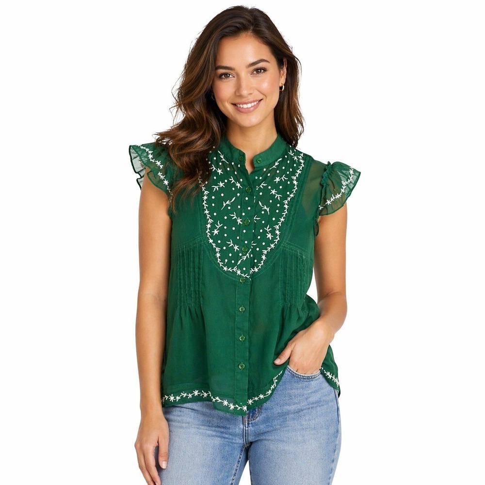 Twenty‎ One Y2K Babydoll Top S Green Boho Fairy Embroidery Dainty Sheer Flutter